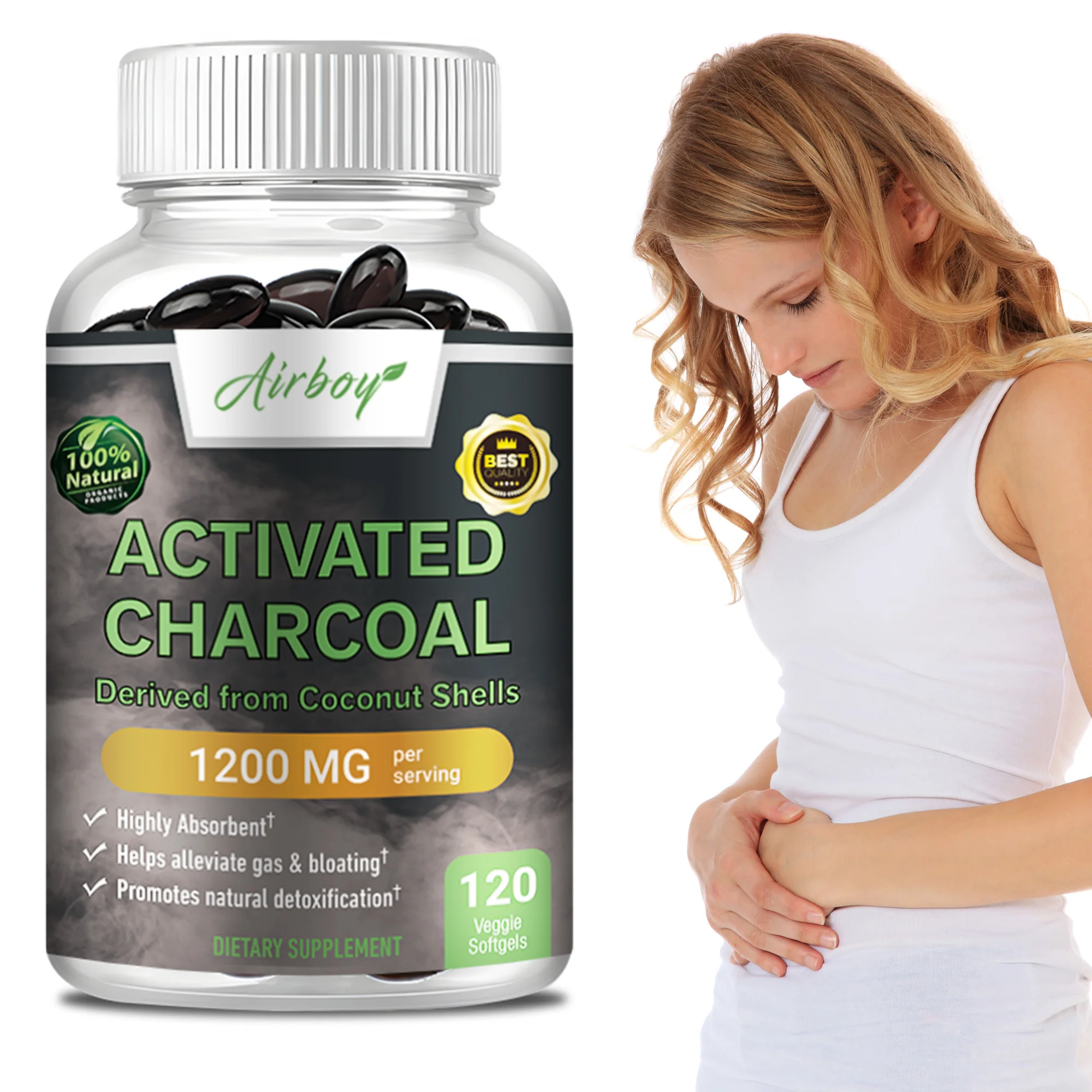 

Activated Charcoal Capsules - Colon Cleansing, Reduce Gas and Bloating, Bowel Regularity, Promotes Gut and Digestive Health