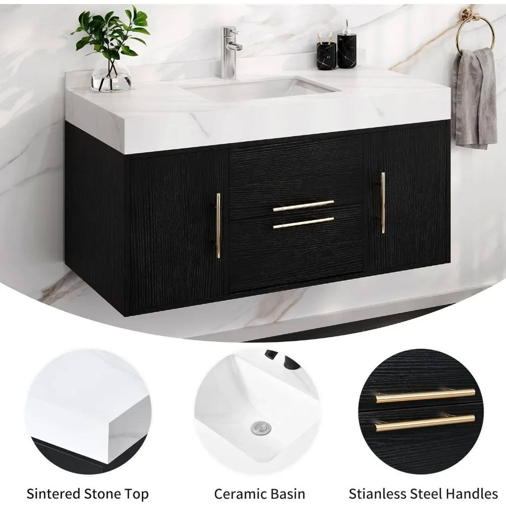 40 Inch Black Floating Bathroom Vanity, Wall Mounted Bathroom Vanity with White Sintered Stone Countertop and Ceramic Basin Sink