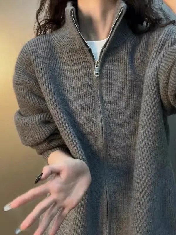 

Мужской вязаный кардиган-пальто Ay Thiened с двойной молнией, высоким воротником, повседневный свитер для весны, осени и зимы, стильный и удобный.