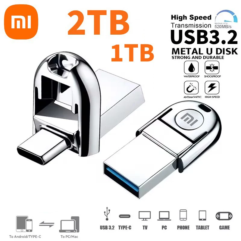 샤오미 금속 USB 3.2 펜 드라이브 키, 고속 펜 드라이브, 미니 플래시 드라이브 메모리 스틱, 방수 U 스틱, 1TB, USB 2TB OTG