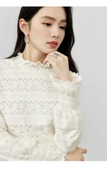 SENTUBILA Elegant Lace Pullovers 2024 Winter Ruffles Turtleneck Long Sleeve Vintage Tops Slim Simple Female Clothing W44S57702