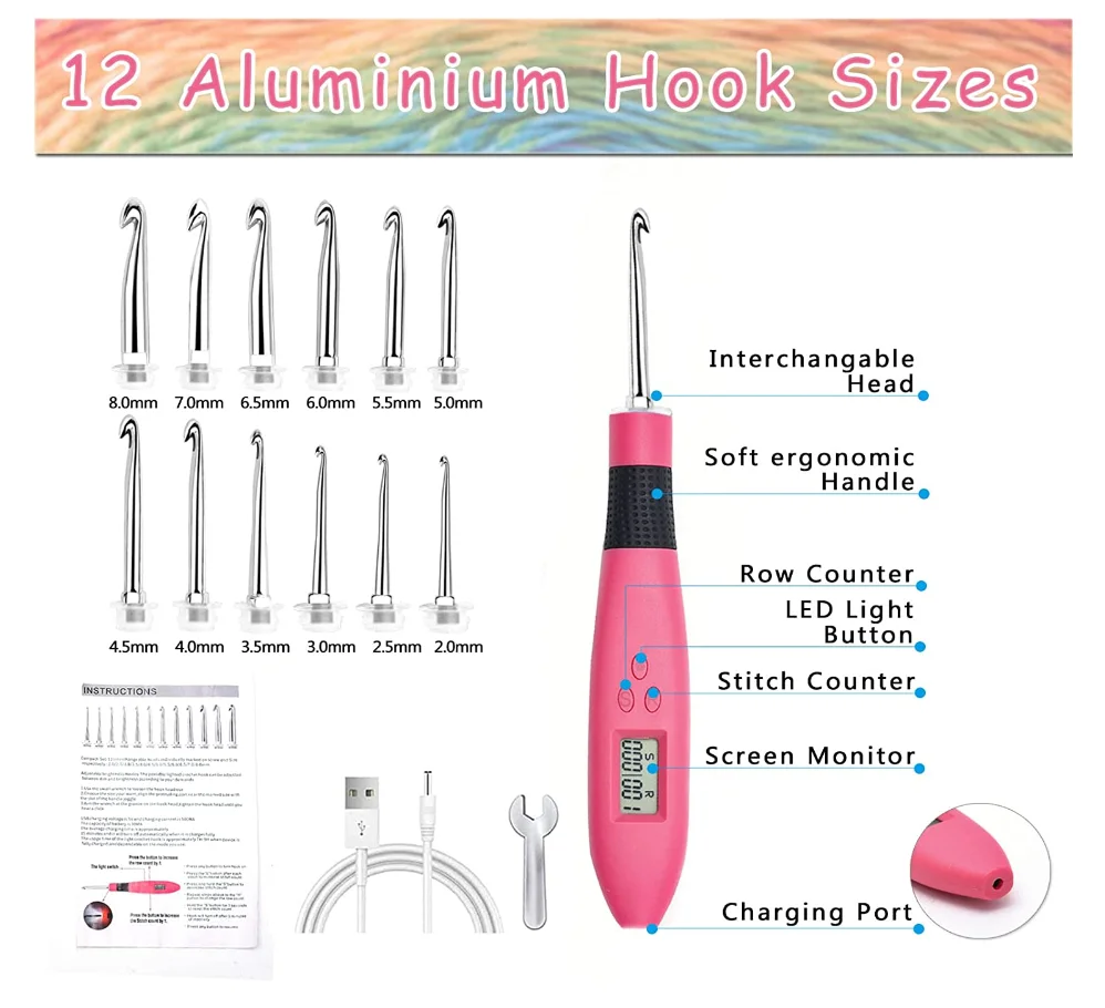 

Набор для вязания крючком из 12 предметов со счетчиком, легкий набор спиц, крючок для вязания, инструмент «сделай сам» со светодиодной подсветкой и счетчиком номера рядов