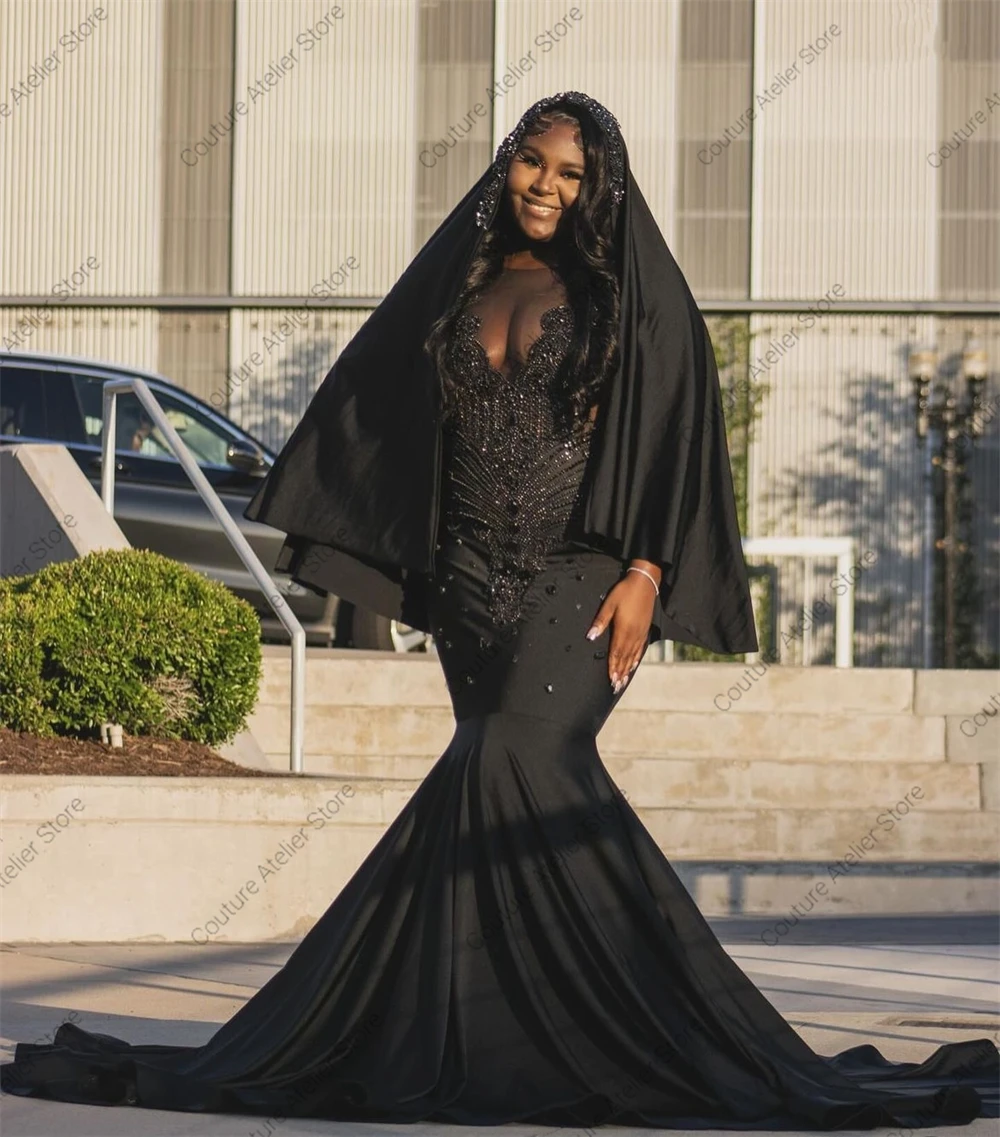 Traditional African Black Rhinestones Mermaid Evening Dresses 2024 With Headscarf Aso Ebi Wed Formal Occasion Dress Customized