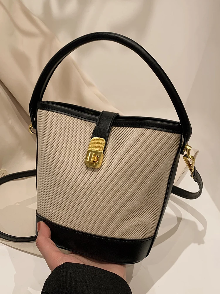 

Trendy Canvas Bucket Bag Women's Shoulder Handbag Korean Style Versatile Crossbody Water Bucket Bag Soft PU Leather Zipper Cl...