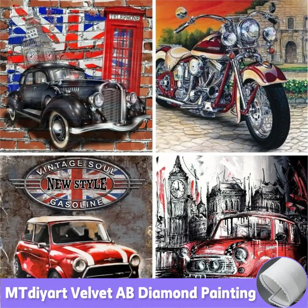 Retro Car Motorcycle With UK Flag 5D Diamond Painting Sports Car Cross Stitch Diamond Mosaic Amazing Handicrafts Diamond Kits