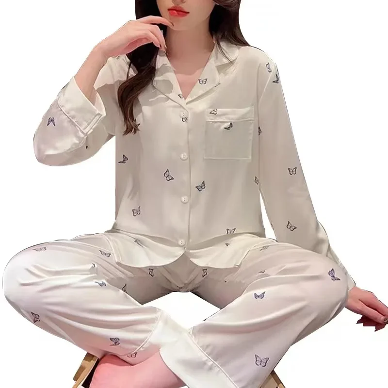 Ensembles de pyjamas en satin papillon blanc pour femmes, manches longues, pantalons longs, vêtements de nuit doux, pyjama décontracté, pyjama confortable, automne, hiver