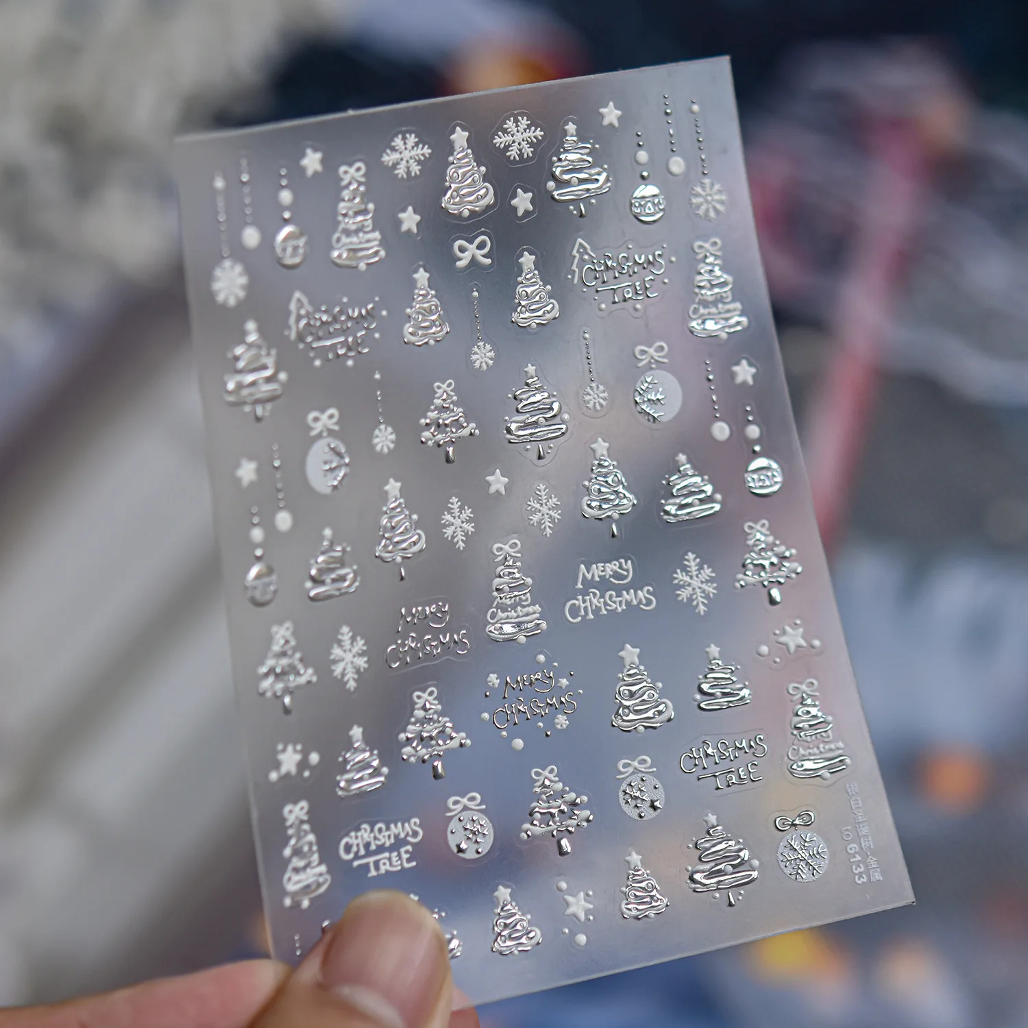 Holiday 5D Nail Stickers Silver Metal Christmas Elements Tree Snowflake Star Bead Chain Bells MERRY CHRISTMAS Nail Art Supplies