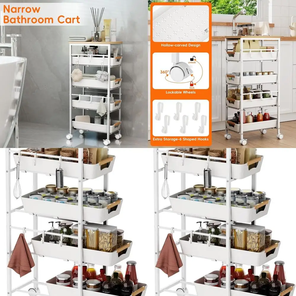 

5-Shelf Rolling Kitchen Utility Cart with Wooden Top, Pull-Out Baskets, and Wheels for Kitchen, Bath, Laundry