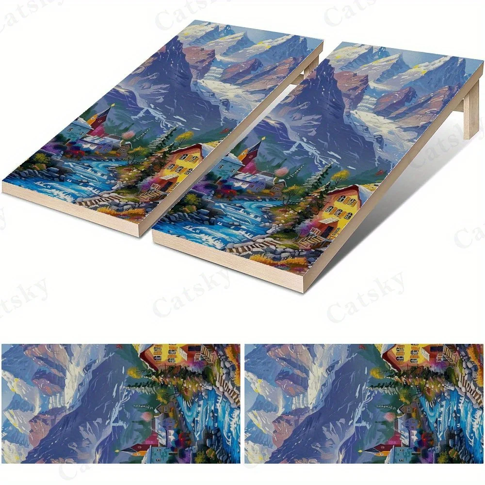 Mountain Town Oil Painting   Sandbag Board Sticker.This sandbag board sticker is made from high-quality materials, offering exce