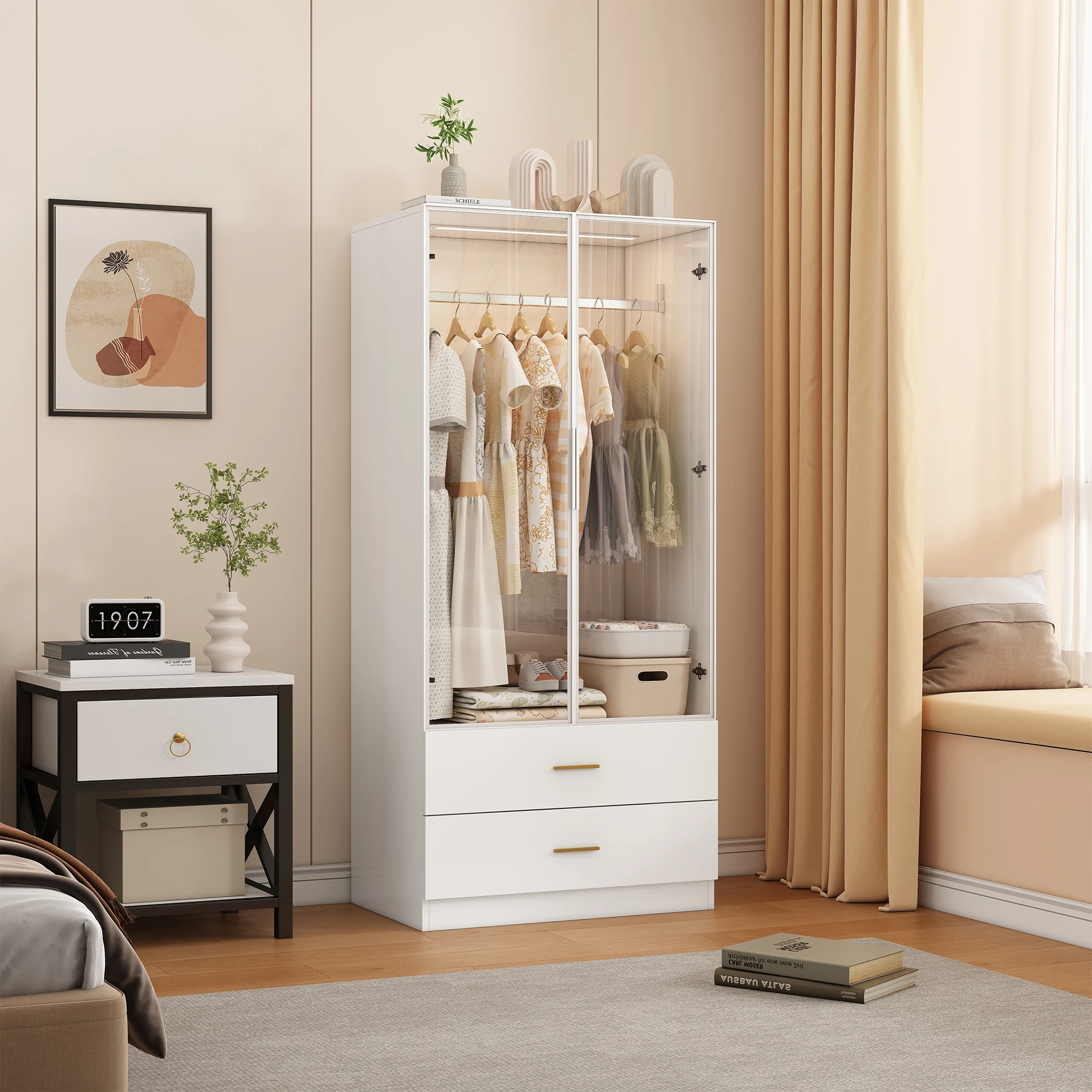 Rosahqnda Moderner Holzkleiderschrank mit Türen, großem Kleiderstangenregal und 2 Schubladen, ideal für kleine Räume