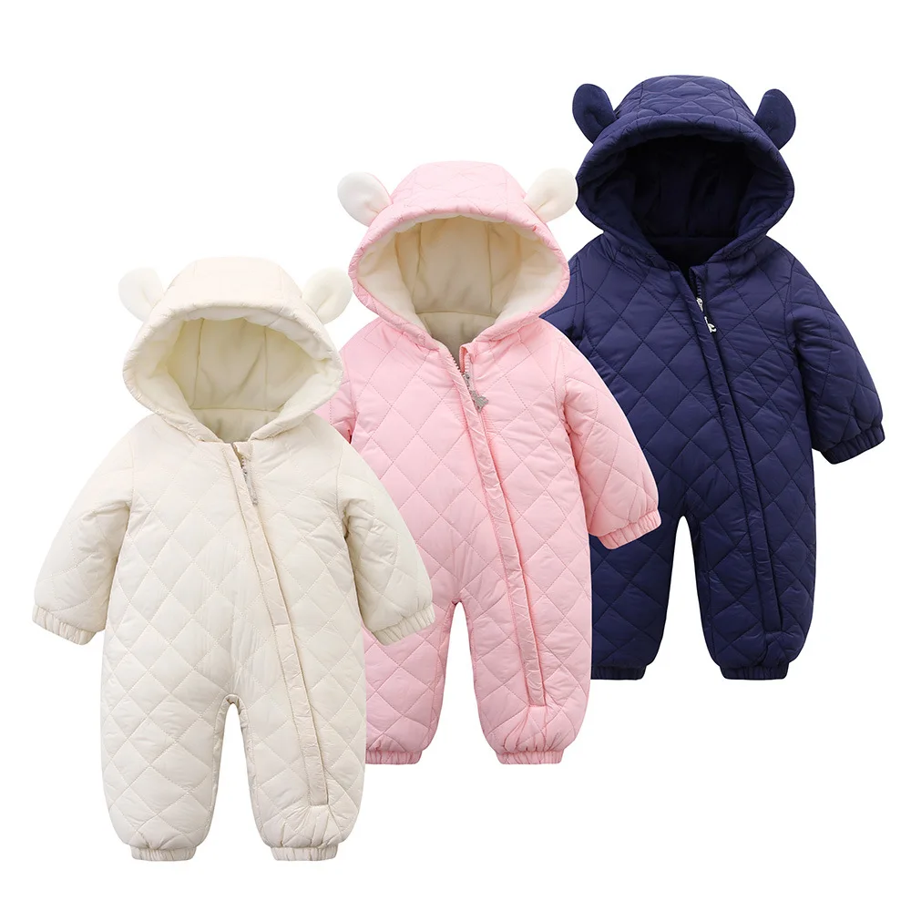 

New Winter Toddler Girls Jumpsuits Hooded Solid Plus Fleece Newborn Bodysuits Overalls Warm Baby Boys Rompers Kid Baby Girls