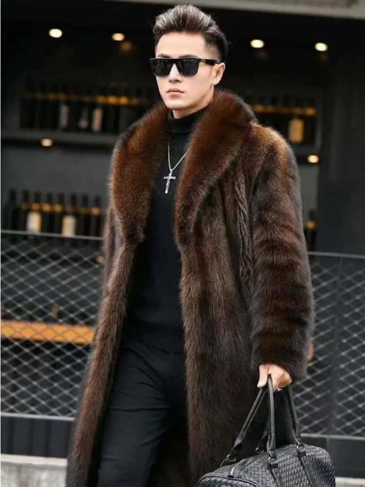 New Luxury Men's Imitation Mink Long Coats Winter Warm Thick Fashion Lapel Collar Long Sleeve Loose Casual Brown Male Overcoat