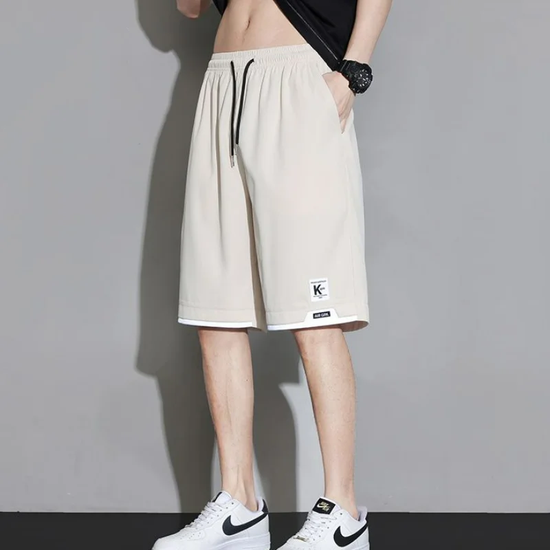 Summer Casual Versatile Loose Sports Shorts Men Panelled Elastic Waist Drawstring Patchwork Pockets Straight Five-Point Pants