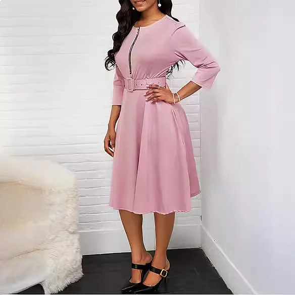 Fitted Waist Zipper Dress with Belt, Long Sleeve Midi Dresses for Women Spring Summer Matching Set