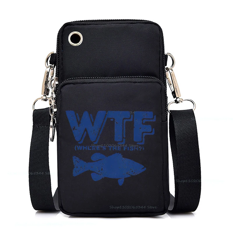 

WTF Where's The Fish Print Shoulder Bag Men Mini Mobile Phone Bag Fisherman Fashion Zipper Purse Wallet Small CrossBody Bag