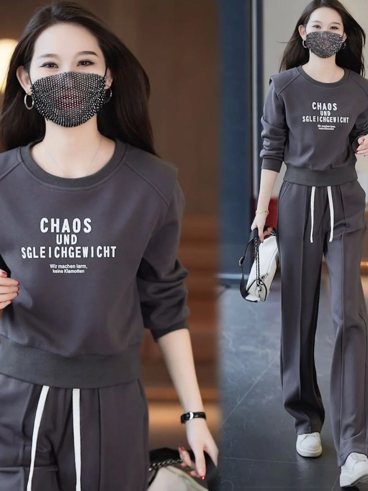 

Новый повседневный спортивный костюм для женщин, осень 2026: модный свободный свитшот с эффектом омоложения и широкие брюки, комплект из двух предметов, хлопок, длинный рукав.