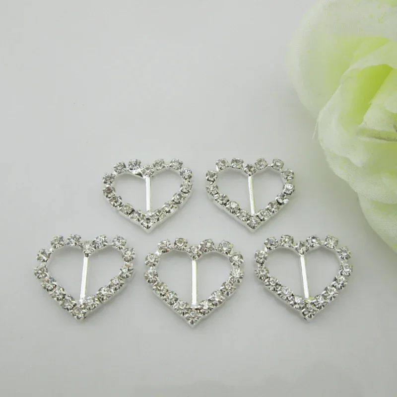 10pcs Heart Crystal Diamante Ribbon Slider Rhinestone Buckles 10mm