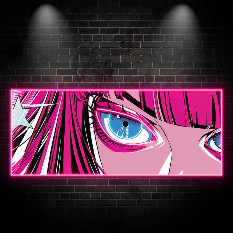 Anime Neon LED Wall Art, Pink Hair and Blue Eyes, Manga-Inspired Design, Modern Pop Art for Game Room, Unique Gift for Anime Fan