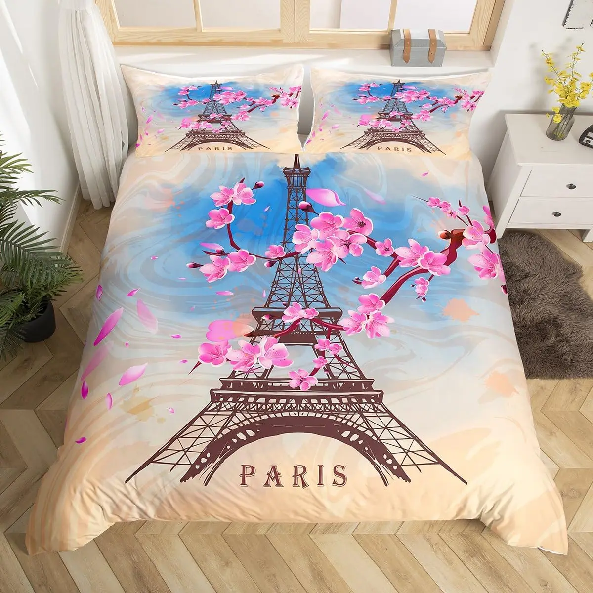 Eiffel Tower Bedding Set Pink Cherry Blossom Duvet Cover 3 Piece Abstract Art Comforter Cover Romantic Paris Dream Style Bedding