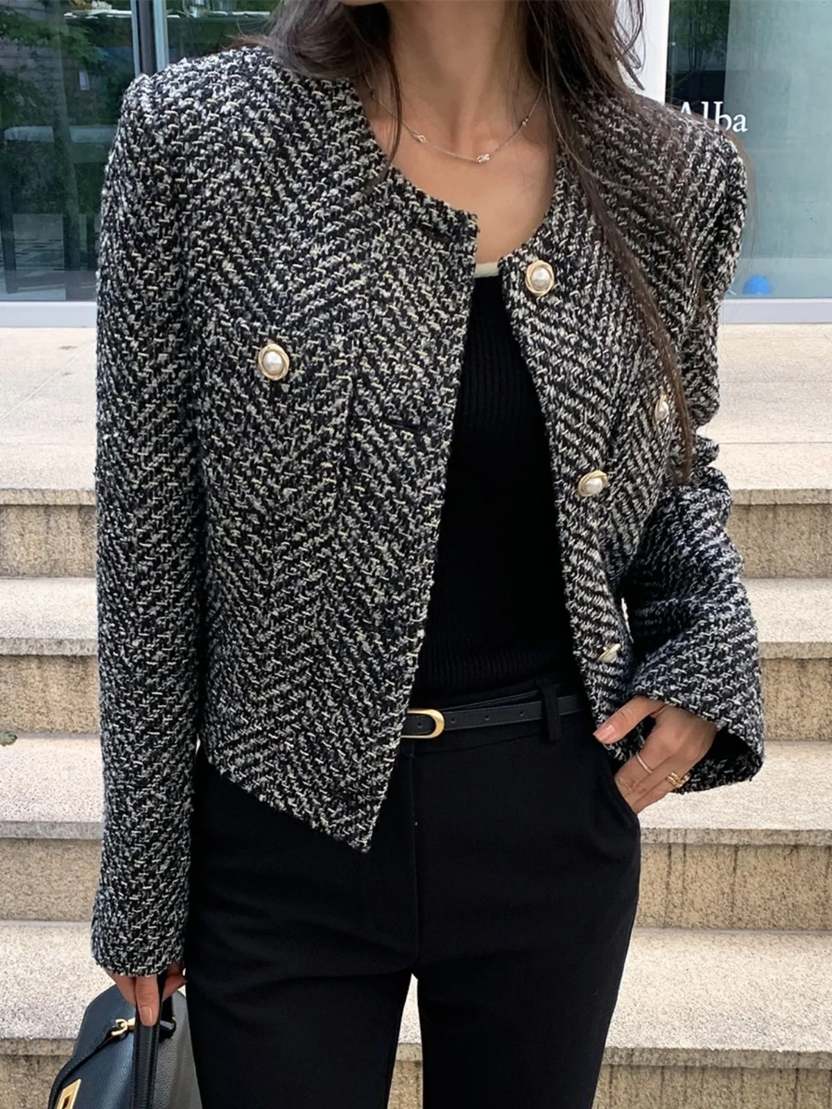 

Новое осеннее стеганое шерстяное пальто для женщин: повседневный приталенный твидовый кардиган-топ, модный и элегантный