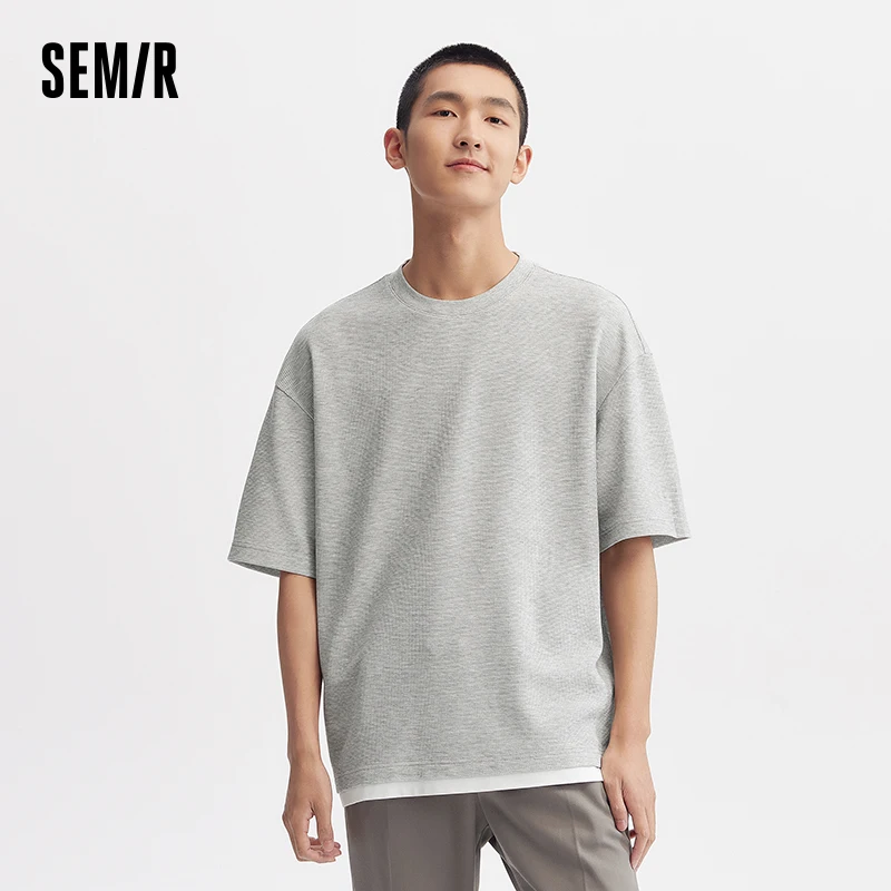 Semir Short-Sleeved T-Shirt For Men 2024 Summer New Cool And Textured Waffle Grid Top Trendy Color Collision Faux Two-Piece