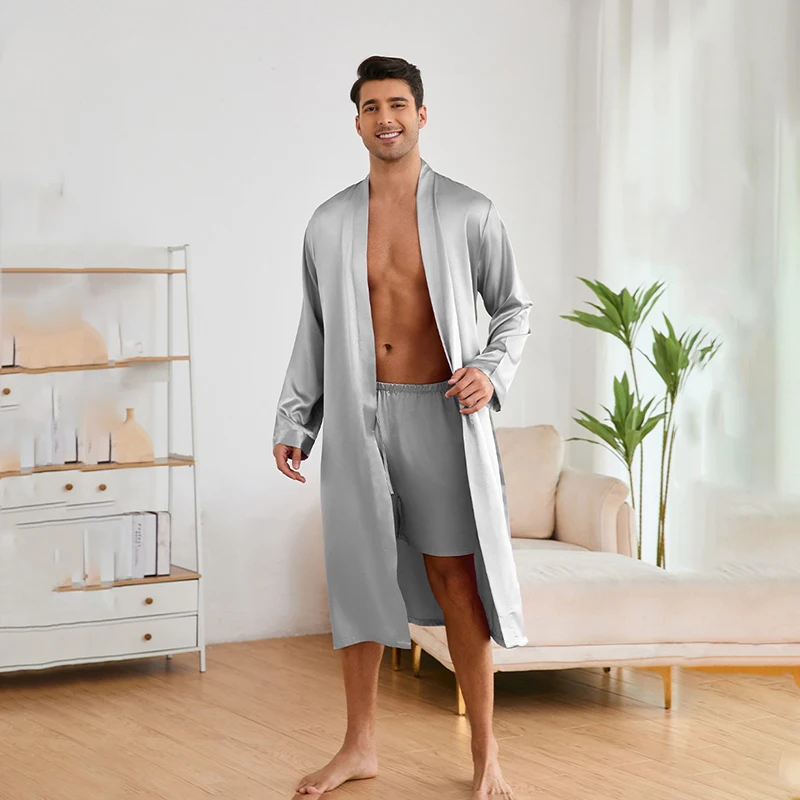 Pajama Men's Spring And Autumn Silk Satin Thin Style Pajamas Long Sleeved Bathrobes Male Shorts Bathrobes Home Clothing