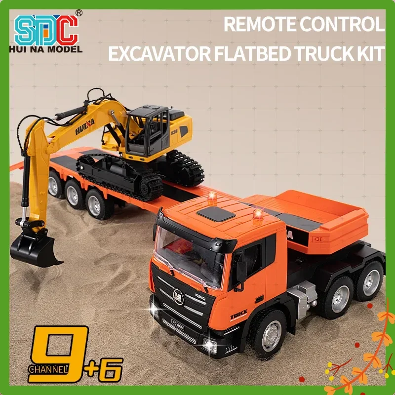 Huina 1319 1318 1/18 Scale 9 CH Remote Control Semi-Alloy RC Flatbed Trailer Excavator Set Engineering Truck Alloy Engineer Vehi