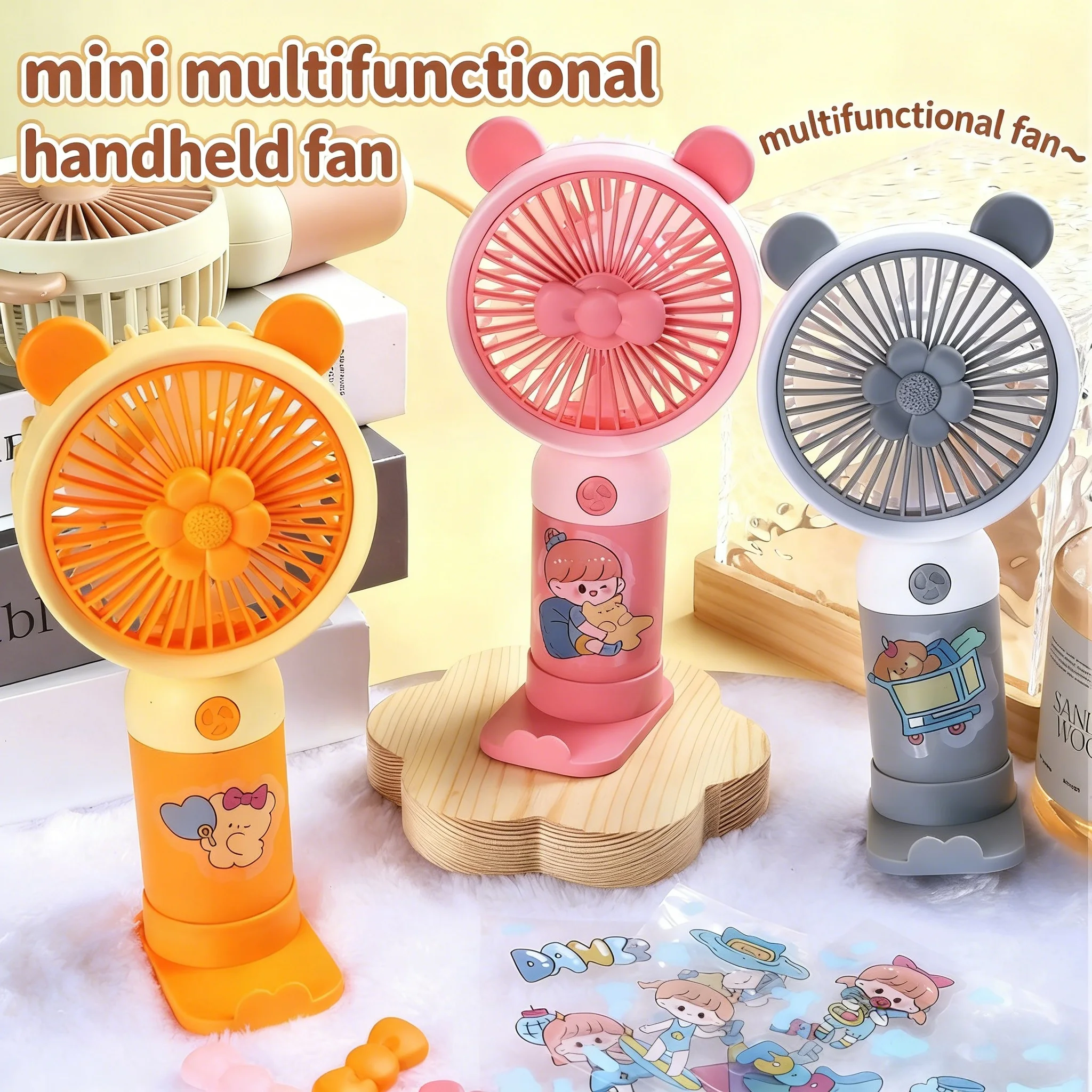 Summer Handheld Small Fan Mini USB Rechargeable Fan With Phone Stand Function DIY Stickers Pocket Fan Gift for Adults and Kids