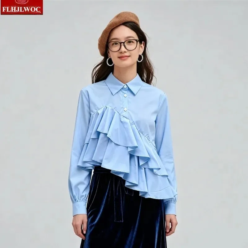 

Новые блузки и топы с оборками во французском стиле, весна-лето 2026, милые однотонные белые рубашки с длинным рукавом и асимметричным краем в европейском стиле для девочек