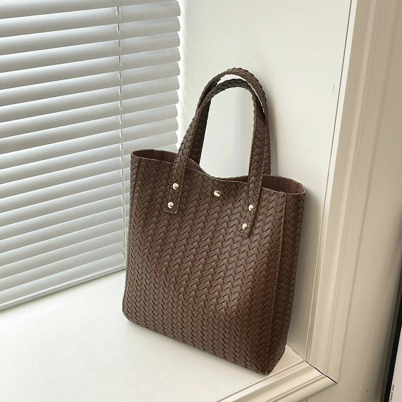 Black Brown White Woven Faux PU Leather Tote Bag Large Capacity Top Handle Handbag Minimalist Commuter Purse for Women Girls