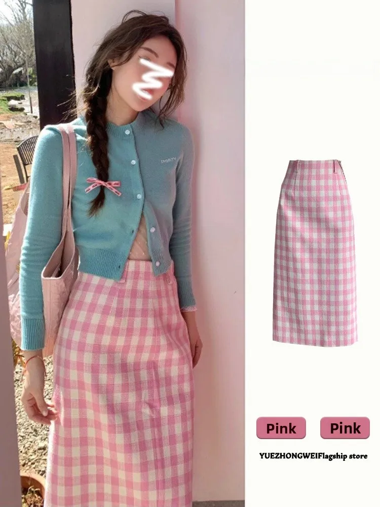 

Розовый клетчатый комплект с юбкой, женская осенняя коллекция Faion, корейский вязаный топ и юбка с длинным светом, ансамбль