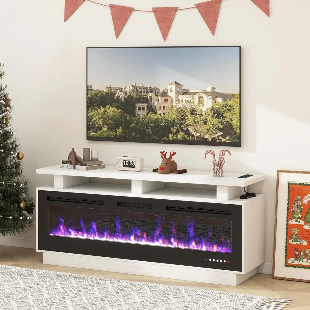 

Fireplace TV Stand with 60" Electric Fireplace, Solid Wood Fireplace with Mantel, Modern Fireplace Cabinet with Socket