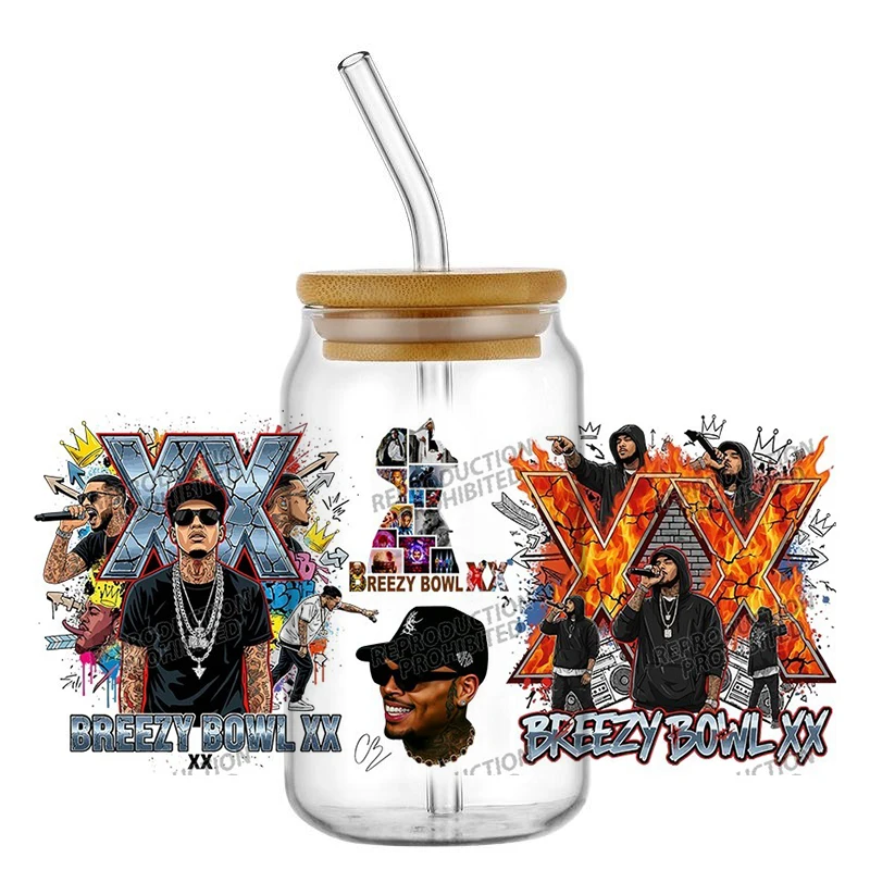 

High Quality 3D Rapper Chris Brown Design UV DTF Cup Wrap for 16oz Libbey Glasses DIY Mug Washable Transfer Sticker