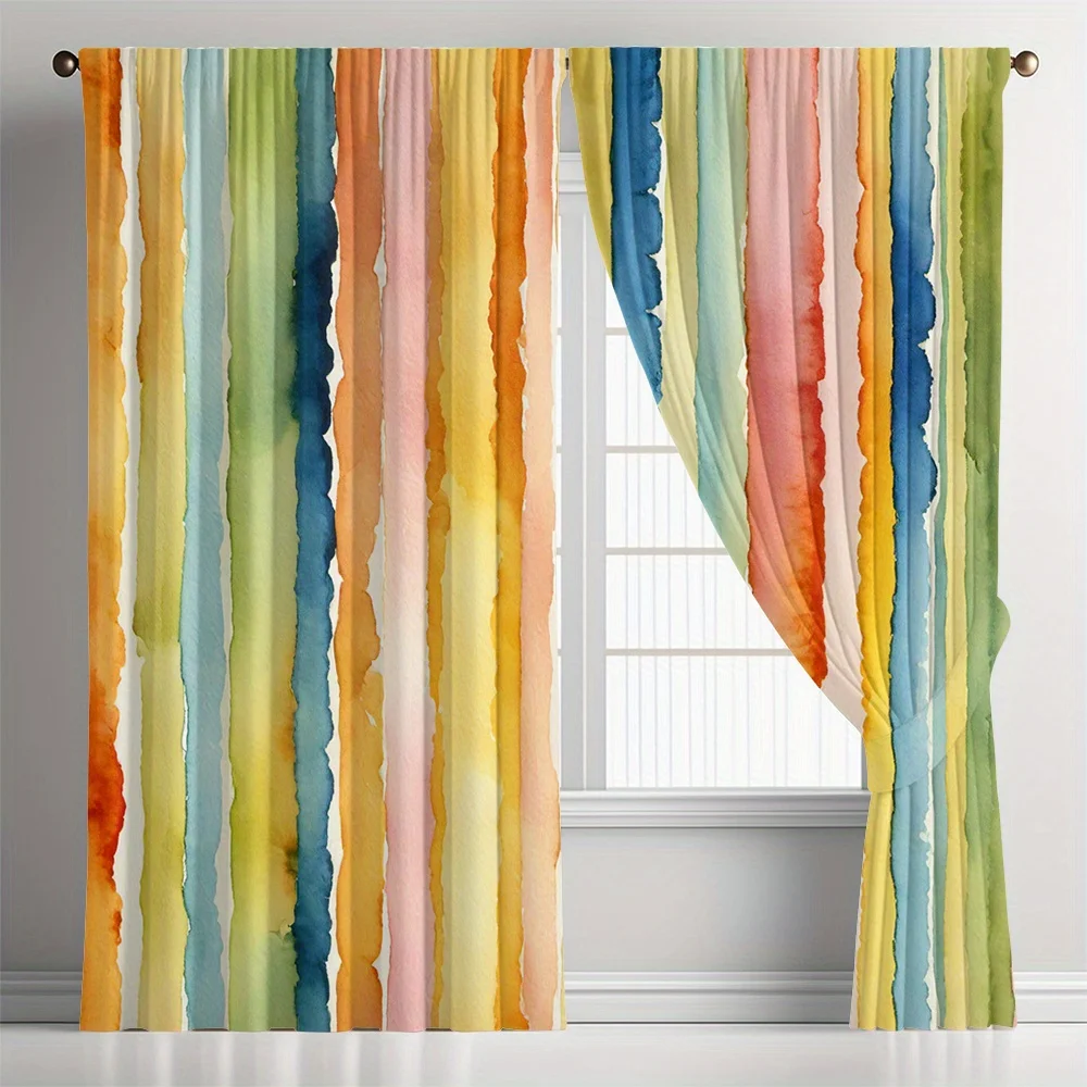 Watercolor Stripe Curtains Set of 2 – Vibrant Abstract Vertical Washes, Rod Pocket Light Filtering Drapes