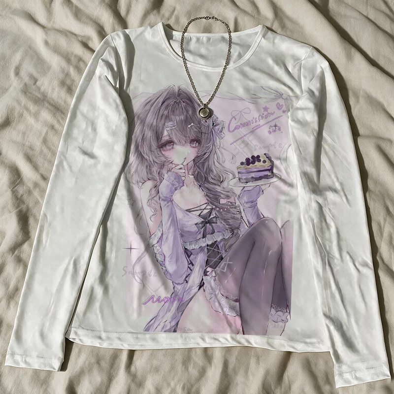 Y2K Women White Long Sleeve T Shirt Anime Girl White Tiger Print Slim Fit Crew Neck Casual Alt Top
