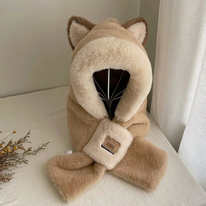 Winter All-match Cute Plush Hat To Keep Warm in Winter Thickened Anti-freeze and Windproof Hooded Scarf Scarf All in One