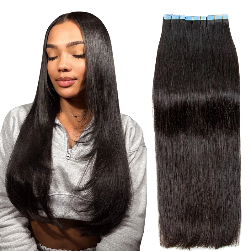 MRS HAIR Silky Straight Tape in Human Hair Extensions Remy Skin Weft Tape in Hair Extension 14 16 18 inch 20pcs/pack 1B Natural Black Tape On Hair