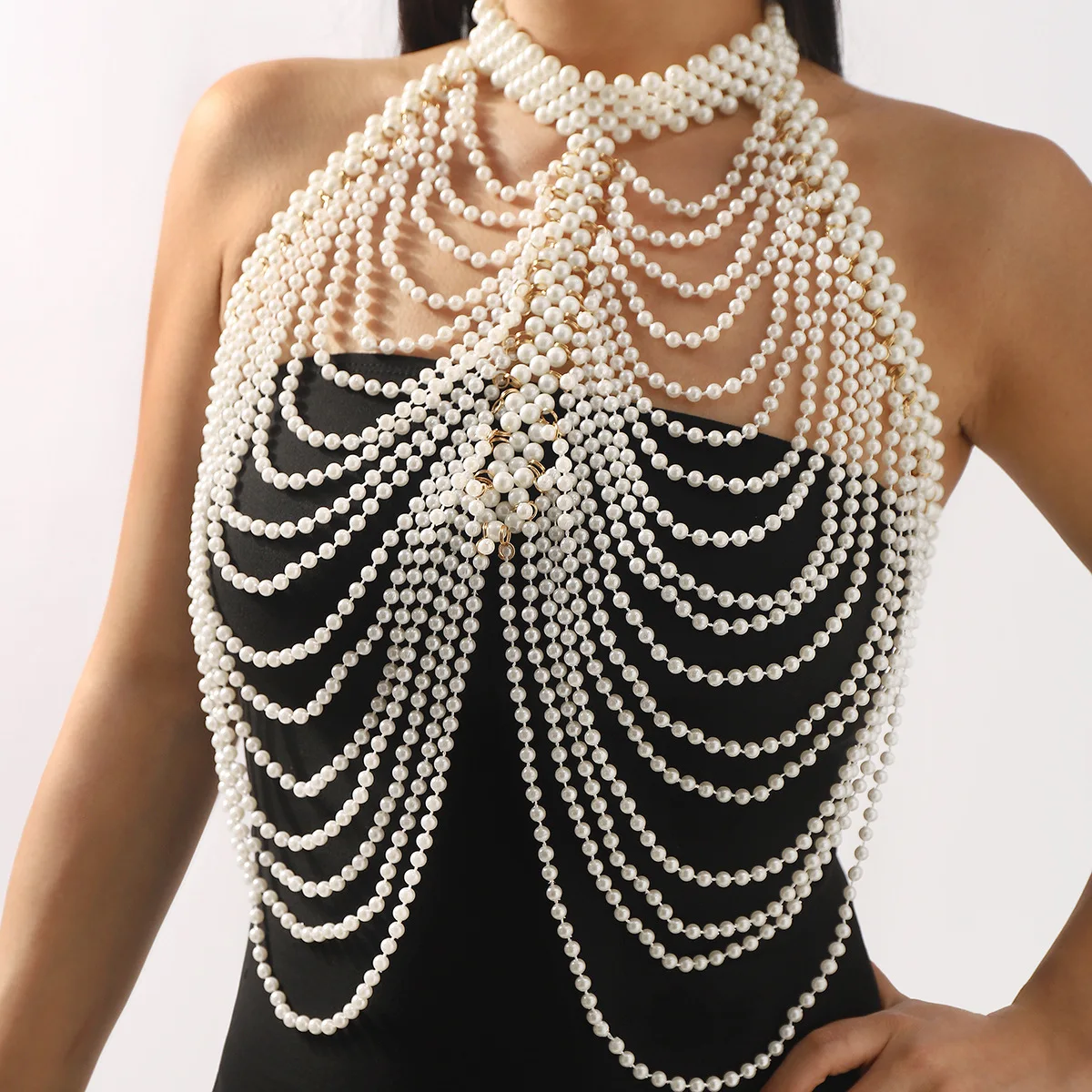 

Multi-layer Hand-woven Plastic Pearls Bra Chain Collar Vest Tops Shoulder Chain Jewelry Party Costume Night Clubwear Body Chain