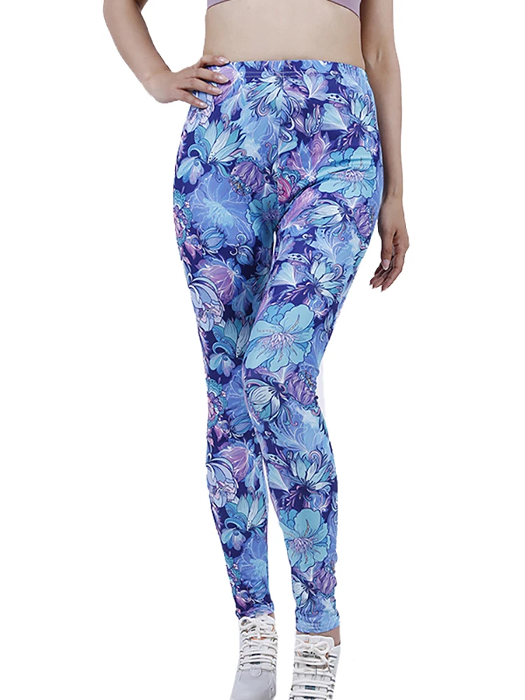 YSDNCHI Women's Blue Floral Print Leggings Lady Skinny Stretch Leggins Fitness High Elastic Pencil Pants Stretch Tights