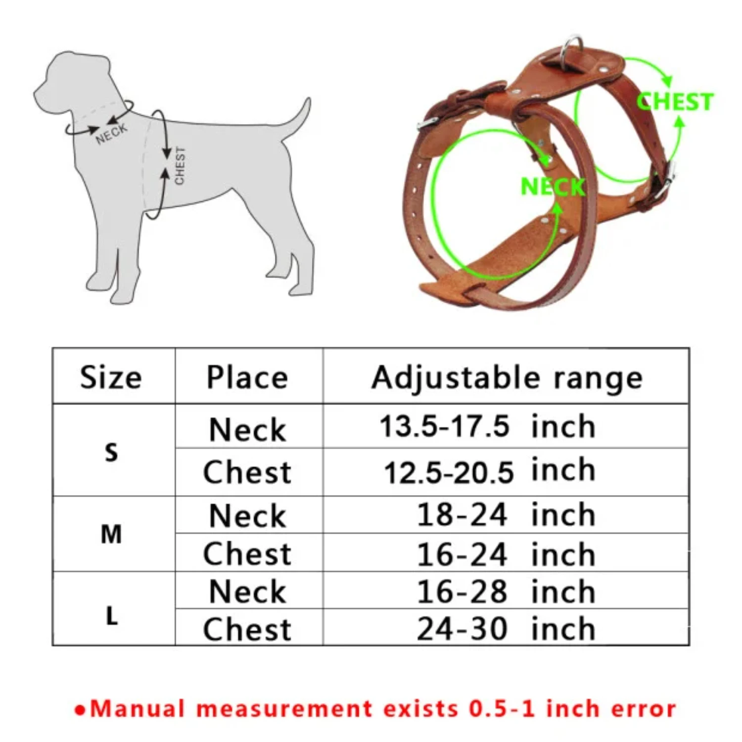 Brown Genuine Leather Adjustable Straps Dog Harness - Real Leather Walking Training Vest for Medium Large Pitbull Boxer Mastiff