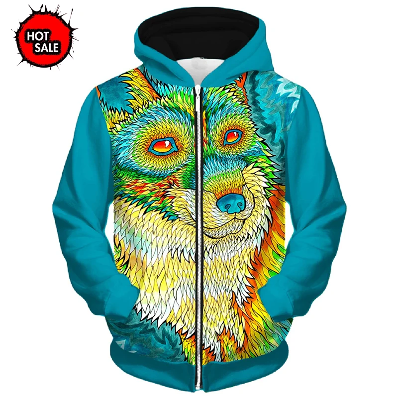 New Colourful Animal Tiger Lion 3D Printed Zipper Hoodies Boys Girls Sweatshirts Fashion Long Sleeve Oversized Women Hoodie Coat