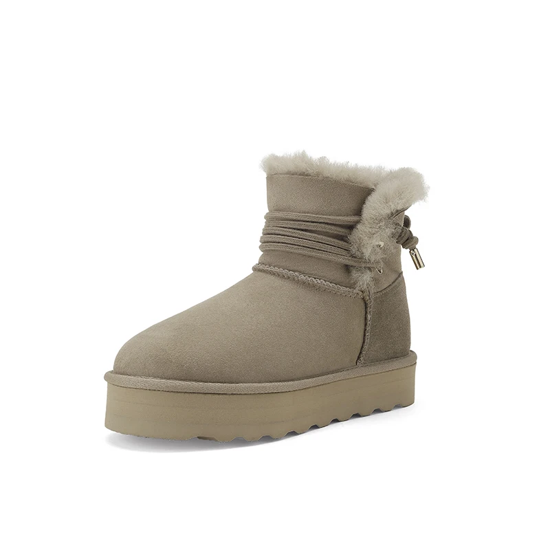 Sheepskin and fur integrated lightweight casual insole pure wool solid color round toe snow boots