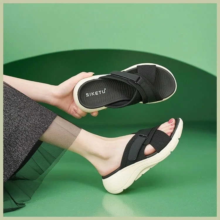 Summer Slippers Thick Heel Slope Follow Soft Bottom Lightweight Anti-Slip Casual Sandals for Women Outdoor Wear Mom Shoes