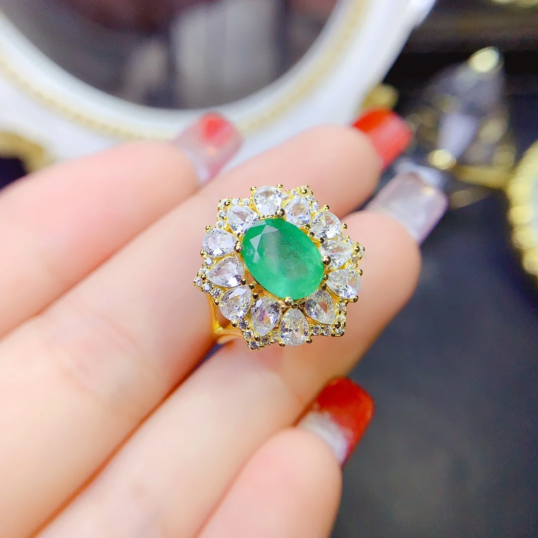 Sterling Silver 925 Ring Engagement Ring Female Luxury Free Shipping Gem Natural Emerald Ring Jewelry Female Original Date