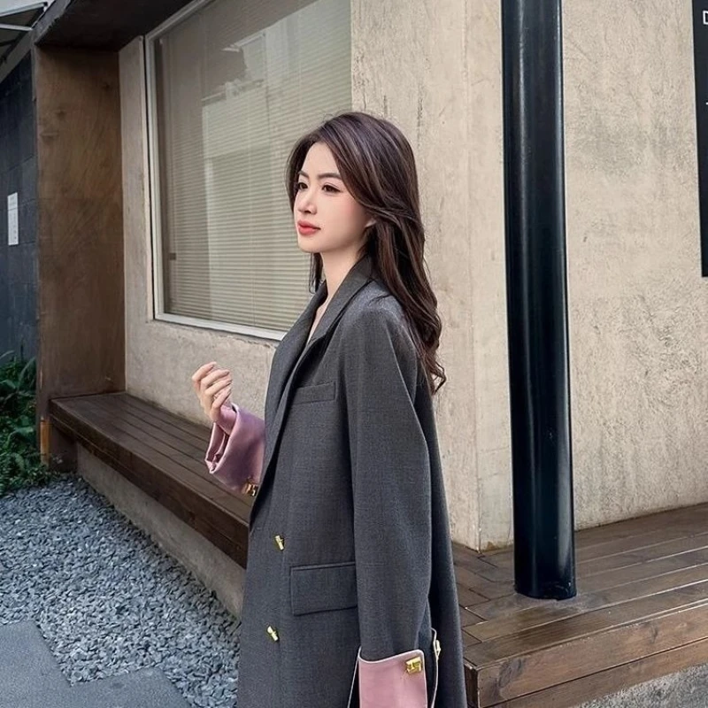 2025 Spring Autumn Relaxed Fit Casual Chic Color Blocked Suit Jacket Premium Metal Buttons Niche Design Versatile Blazer