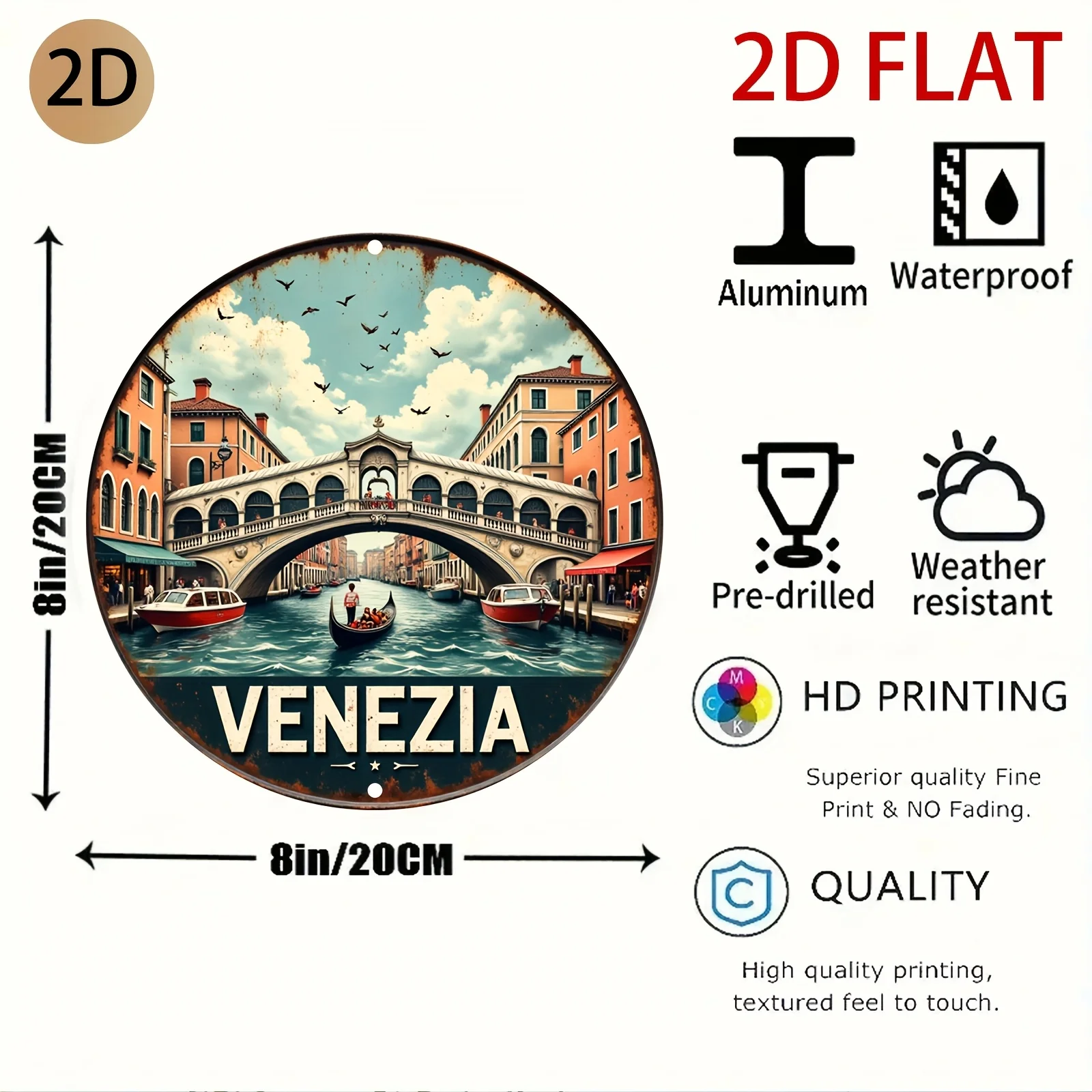 Vintage Venice Italy Metal Wall Art - Retro Travel Poster Decor Featuring Rialto Bridge & Gondolas - Italian City Tin Sign for