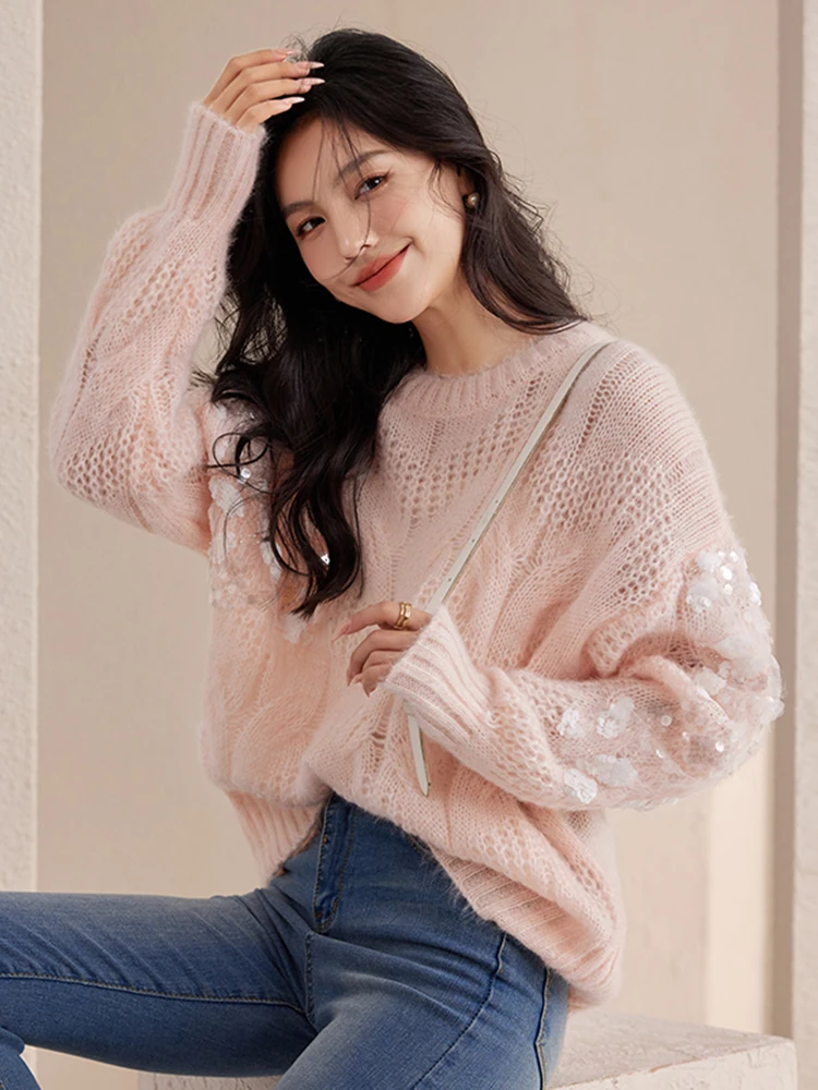 Pink Hollow Out Pullover Sweater Women Korean Gentle Wind O-Neck Long Sleeve Knitwear Autumn Lazy Style Sweet Loose Knit Tops