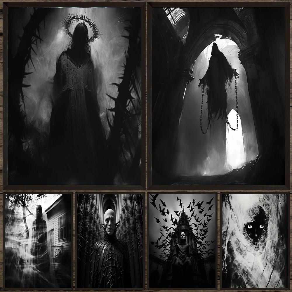 

Dark Horror Black White Monster Art Poster Print, Surreal Dark Ghost Knight Zombie Wall Art Canvas Paitnig,Horror Home Decor