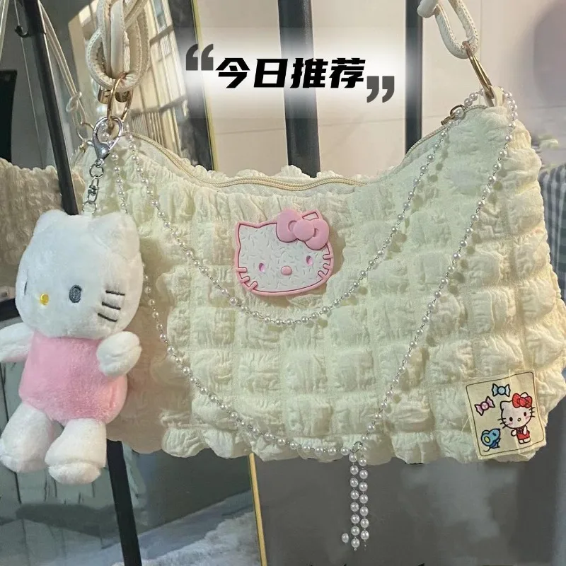 Sanrio-Bolso de hombro con cadena de perlas para niña, bolsa de mano con contraste de Color de Hello Kitty, a la moda