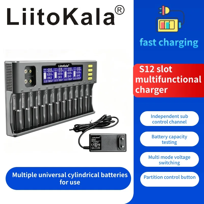 LiitoKala Lii-S12 12-Slot Battery Charger for 18650 21700 AA Batteries Multi-Function Protection against Memory Effect